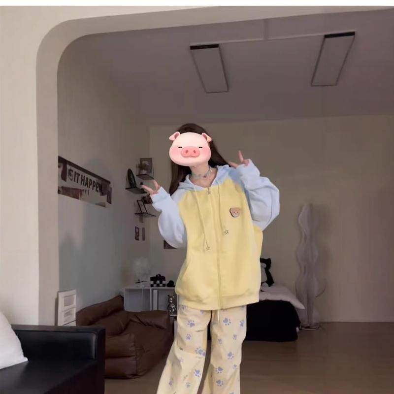 超好看小熊魔术贴连帽薄款卫衣外套女春秋小个子撞色插肩袖上衣潮