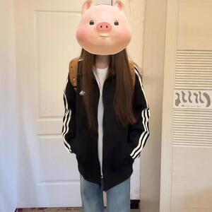 美式撞色三条杠立领黑色卫衣女春秋宽松oversize休闲开衫情侣外套