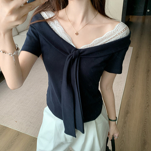 显瘦百搭上衣 2025新款 韩版 显瘦蕾丝拼接短袖 T恤女小众绑带V领修身