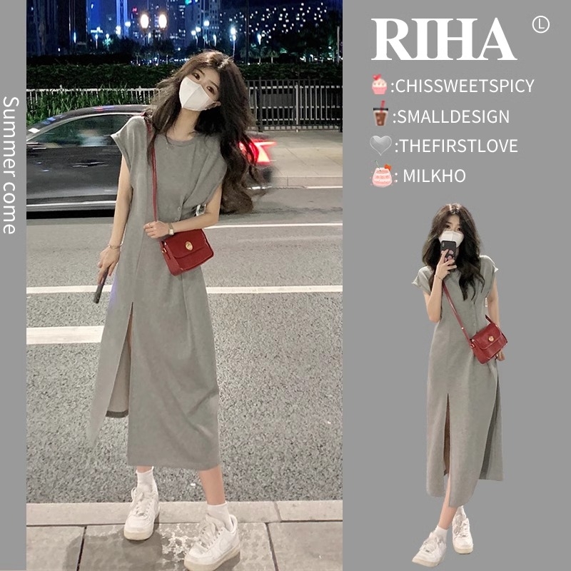 法式灰色开叉T恤连衣裙女夏季高级设计感小众小个子赫本风中长裙