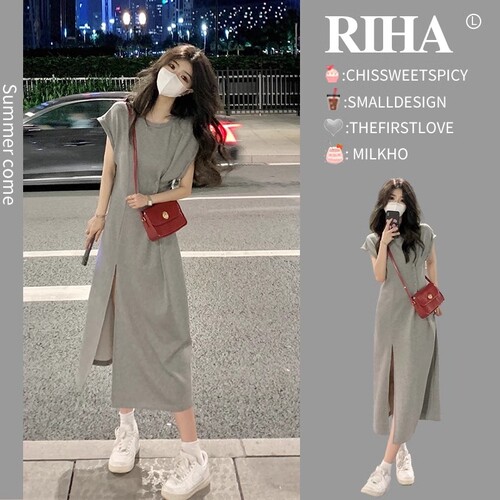 法式灰色开叉T恤连衣裙女夏季高级设计感小众小个子赫本风中长裙