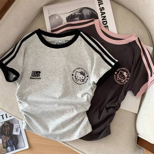 Kitty猫条纹拼接辣妹短袖t恤