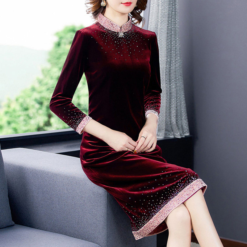 金丝绒旗袍改良连衣裙婚礼妈妈结婚礼服年轻喜婆婆婚宴装高贵洋气