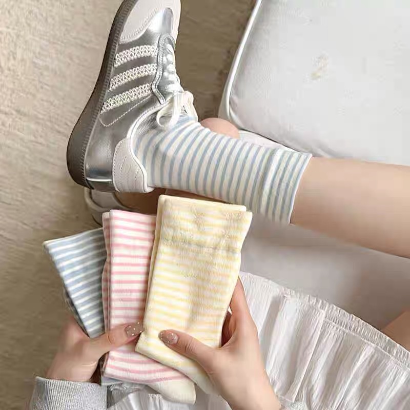 透气糖果色日系运动堆堆中筒袜女