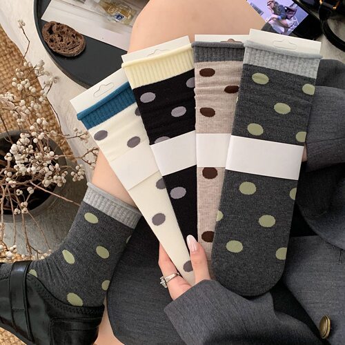 秋季韩系ins潮撞色波点女中筒袜