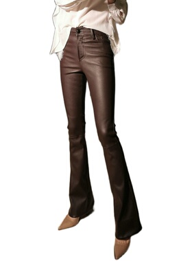 厂价直销进口弹力皮真皮中腰微喇叭长裤 皮草搭配 巧克力色深棕色