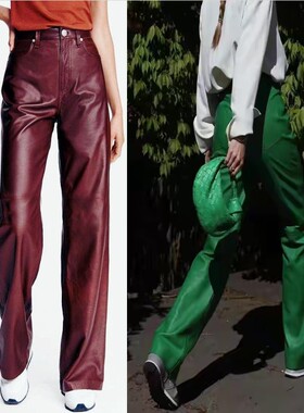 Ms.sheep全真皮绵羊皮简约高腰大长腿显瘦直筒皮裤 酒红色女皮裤