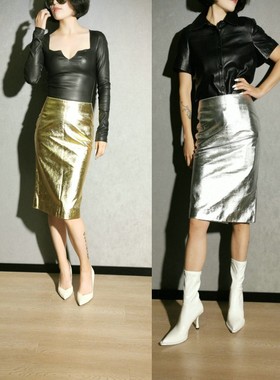 Ms sheep羊小姐 简约摇滚重金属未来感金色银色绵羊皮高腰小皮裙