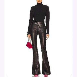 MS SHEEP 精致简约老钱风高腰紧身进口弹力真皮小喇叭长裤 大长腿