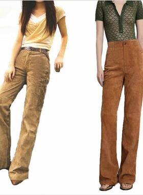 进口小羊真皮反绒磨砂面高腰女士直筒阔腿长裤 显瘦不挑身材 多色