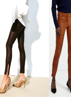 Ms sheep进口法国植鞣弹力皮 手感柔韧 拉链皮裤 棕色 巧克力色