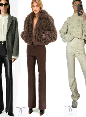 欧美明星同款简约百搭中高腰显瘦小羊真皮弹力女士修身直筒长裤