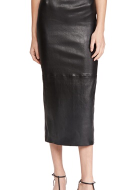 Ms sheep羊小姐新款 优美简约修身半身长皮裙 进口弹力皮铅笔裙