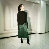 特价 绵羊皮绿色百褶裙高腰褶皱大摆裙 复古风新款 sheep羊小姐