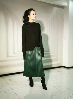 Ms sheep羊小姐 复古风新款绵羊皮绿色百褶裙高腰褶皱大摆裙 特价