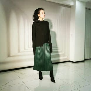 特价 绵羊皮绿色百褶裙高腰褶皱大摆裙 复古风新款 sheep羊小姐