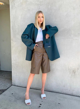 Ms sheep 新款真皮高腰百慕大短裤博主同款五分中裤  驼褐色