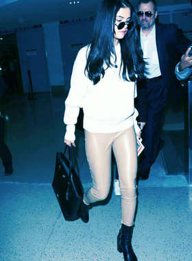 Ms sheep新款大地色驼色进口弹力皮精致简约修身高腰铅笔打底长裤