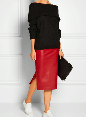 Ms sheep优美修身红色黑色开叉半身中长裙 多色