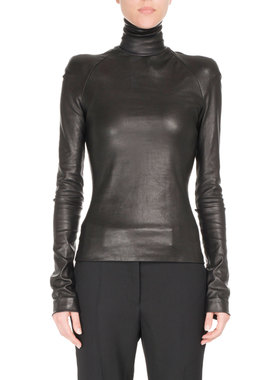 新款法式精致简约百搭进口真皮弹力绵羊皮超高领紧身黑色长袖T恤