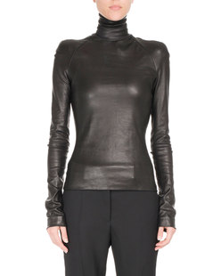 T恤 精致简约百搭进口真皮弹力绵羊皮超高领紧身黑色长袖 新款 法式