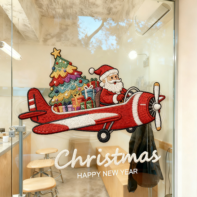 飞机老人布艺圣诞树贴纸静电贴画