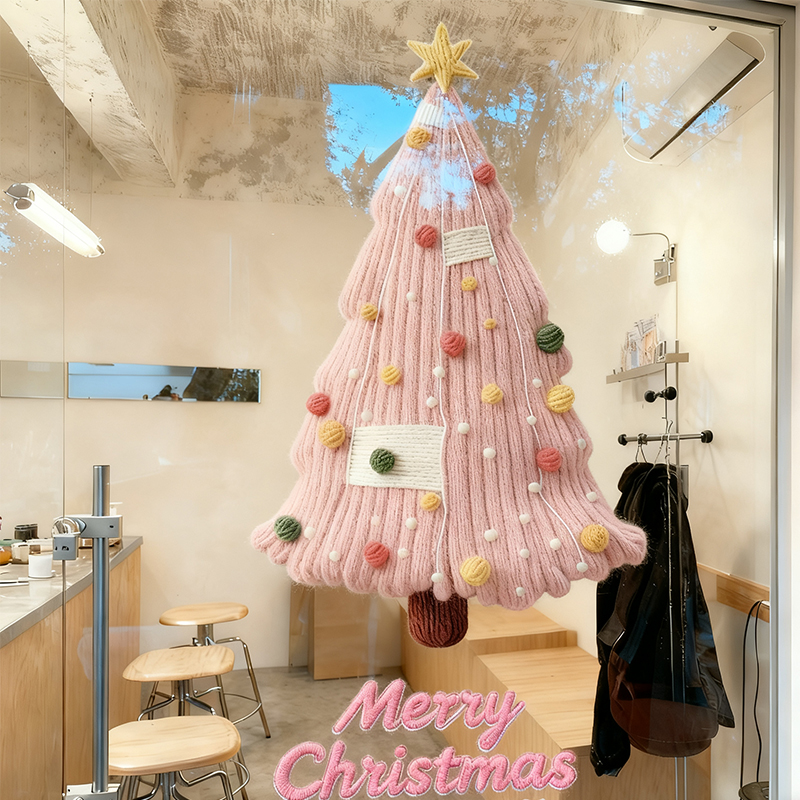 粉色布艺圣诞树贴纸圣诞节静电贴