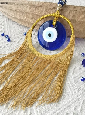 手工棉线编织恶魔之眼挂毯 土耳其蓝眼睛流苏吊饰墙挂 evil eye