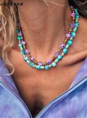 Evil Eye恶魔之眼串珠项链 波西米亚风镶钻软陶蓝眼睛锁骨链