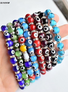 Koz手链 8mm琉璃蓝眼睛隔片镶钻手串 Evil Eye恶魔之眼弹力线手饰