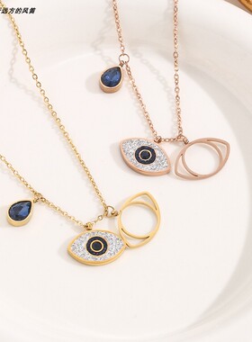钛钢Evil Eye恶魔之眼项链 蓝眼睛锁骨链毛衣链