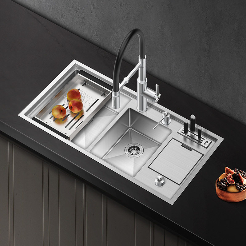 厨房水槽304不锈钢拉丝洗菜盆加厚功能带刀架垃圾桶手工水槽套餐