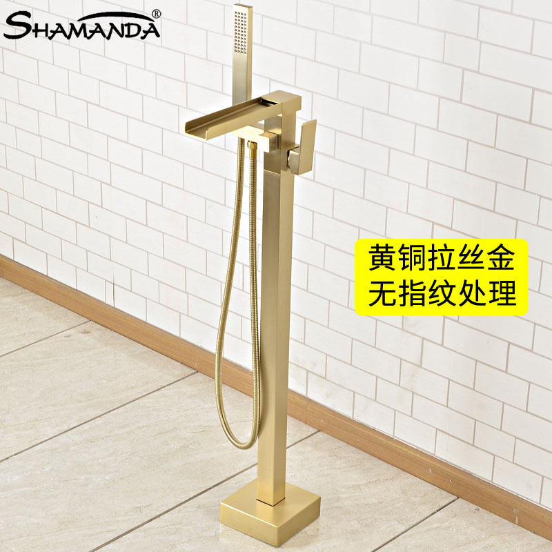 全铜拉丝金色落地浴缸龙头缸边式黑色瀑布立式水槽出水龙头