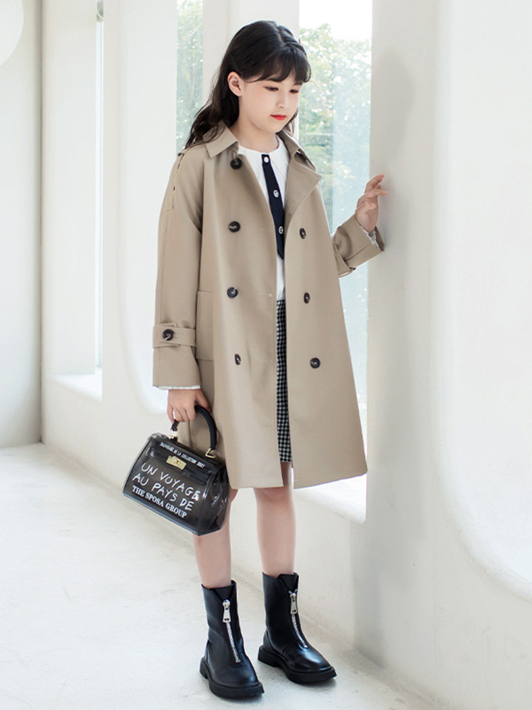 여아용 윈드 브레이커 중간 길이의 봄 코트 아동용 봄 가을 코트 중대형 아동용 단순 영국 스타일 이중 행 옷깃