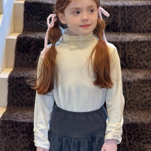童装冬季女童米色半高领花边双面磨毛打底衫长袖T恤百搭气质上衣