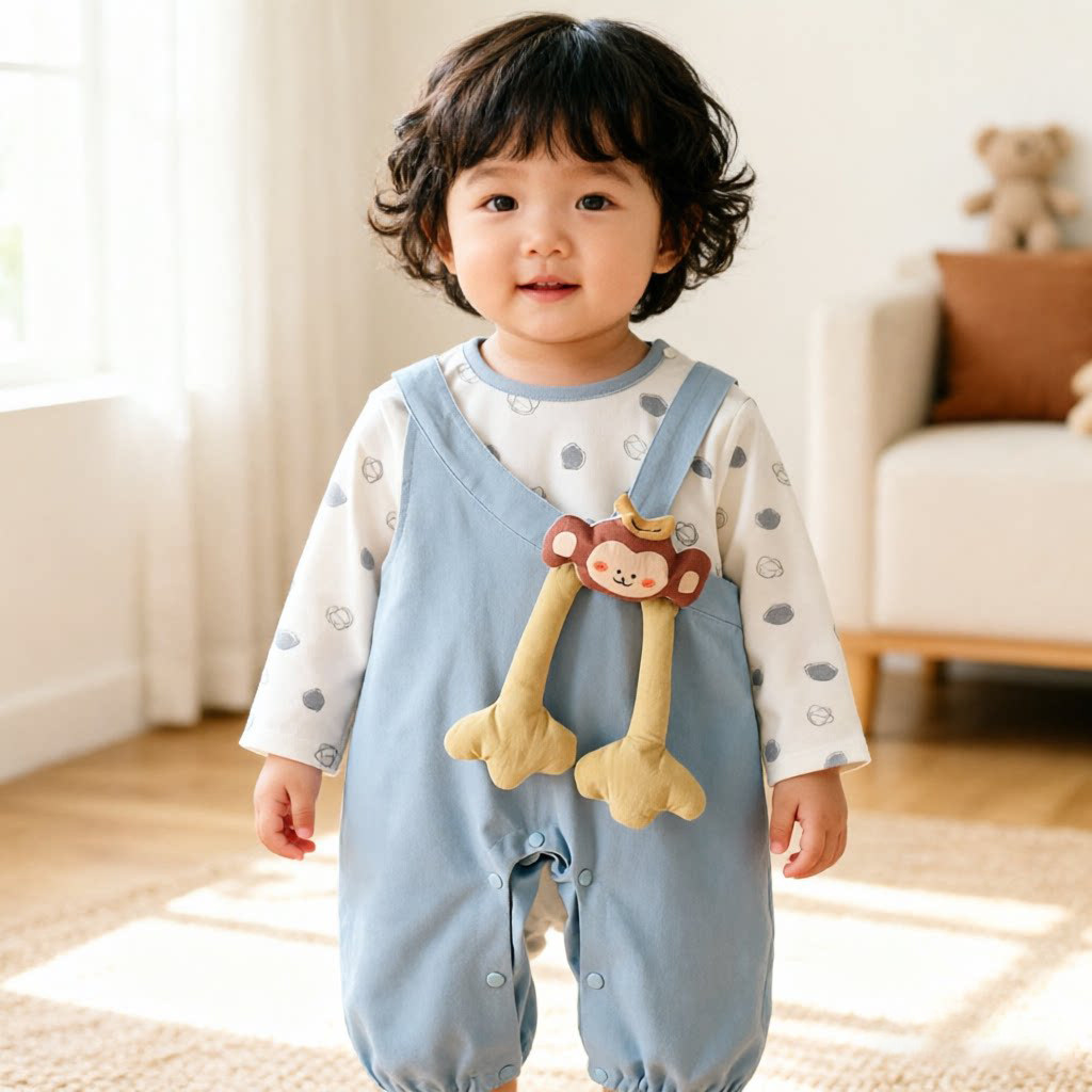 婴儿连体衣春装立体小猴子背带裤纯棉上衣男女童宝宝衣服两件套装