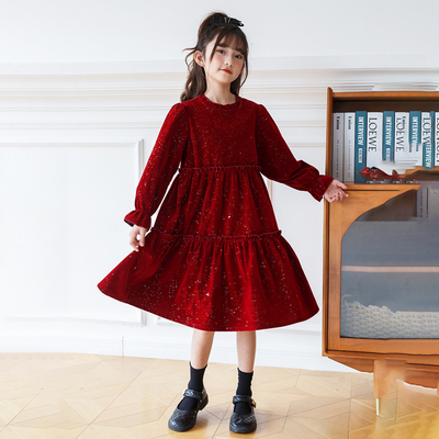 女童秋冬长袖丝绒连衣裙加绒喜庆闪光亮晶晶花边领中大童公主裙