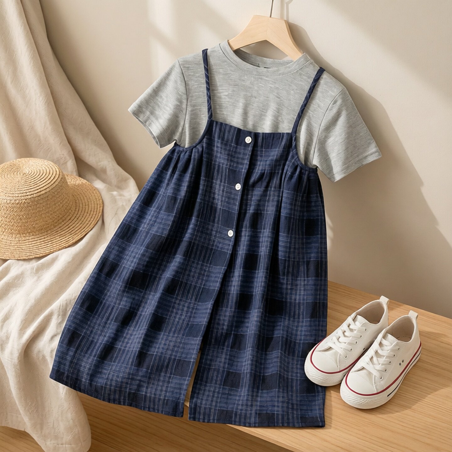 森系女童简约短袖T恤格子吊带连衣裙春夏季宽松休闲阔腿长裤套装