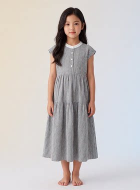 女大童日系细条纹连衣裙女孩夏季半袖立领衬衫裙儿童宽松休闲长裙
