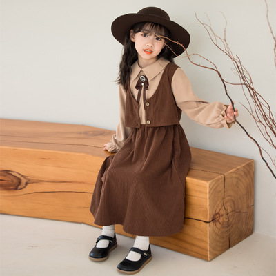 女童春秋冬季连衣裙灯芯绒假两件马甲衬衫裙加绒公主裙长袖中大童