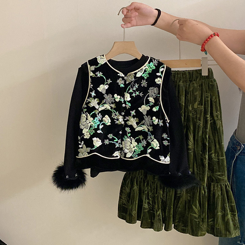 女童秋冬款新中式花朵亮片立领复古马甲外套国风打底衫丝绒半身裙,童装/婴儿装/亲子装,套装,淘宝优惠券,粉丝福利购,淘宝优惠卷