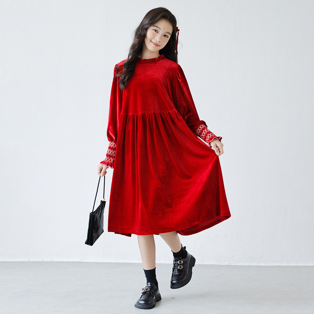 女童秋冬丝绒连衣裙时尚高贵气质千金风公主裙中大童长袖新年红色