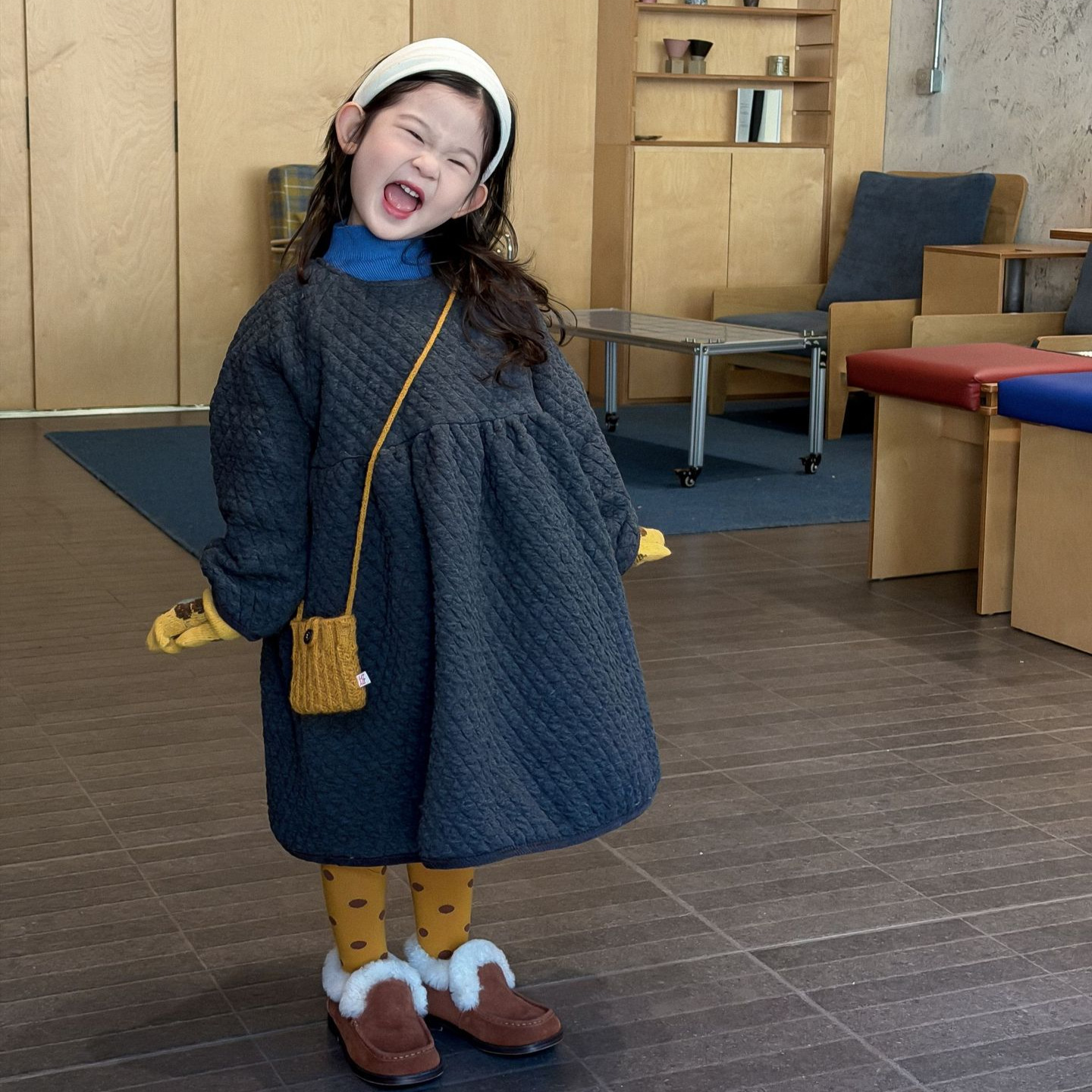 原创冬季女童加厚棉裙中长裙圆领