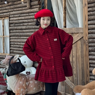 秋冬款女大童呢子红格子衬衫裙喜庆红色荷叶边时尚衬衣中长款上衣