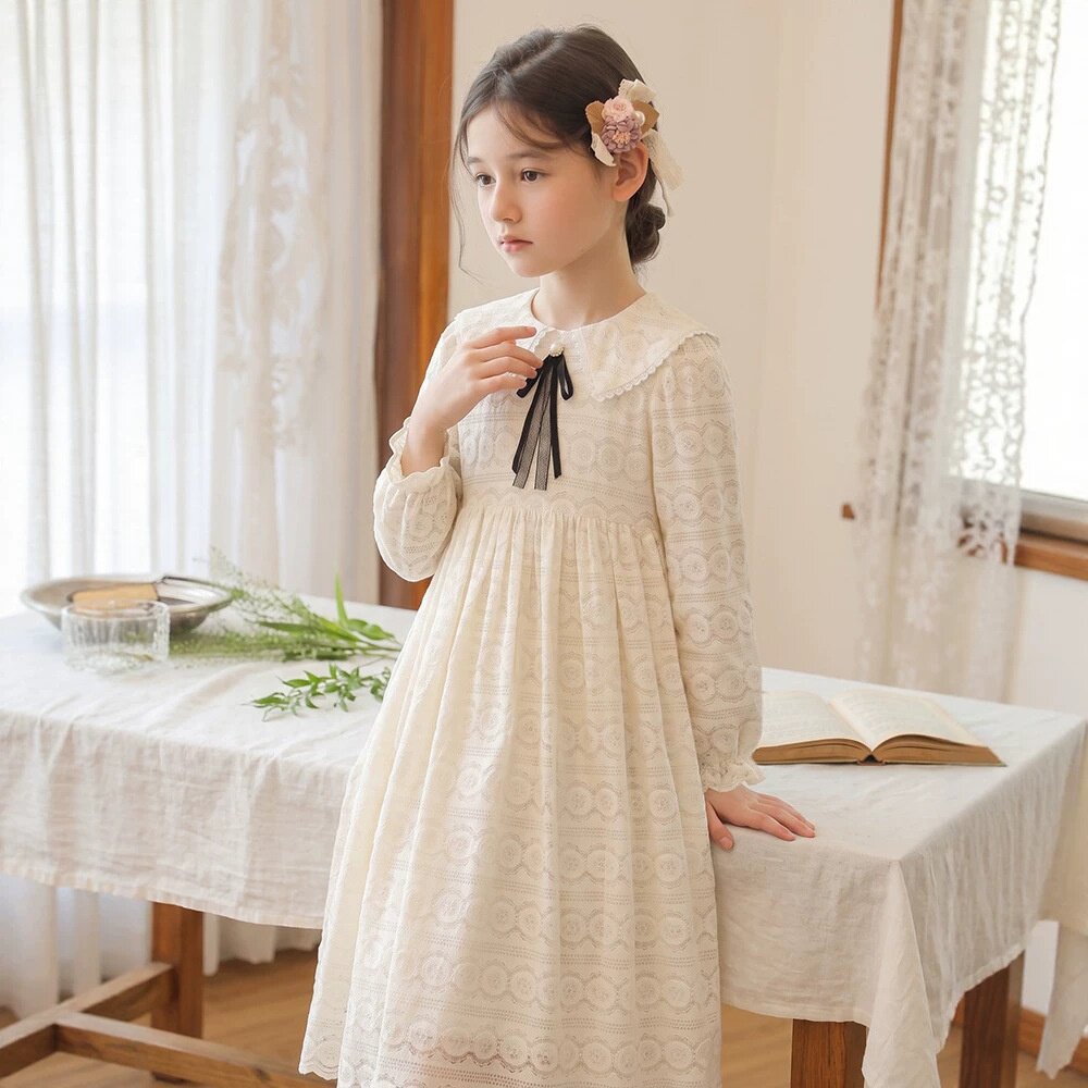 女童长袖蕾丝连衣裙春秋款娃娃领蝴蝶结中长裙女孩生日公主礼服裙