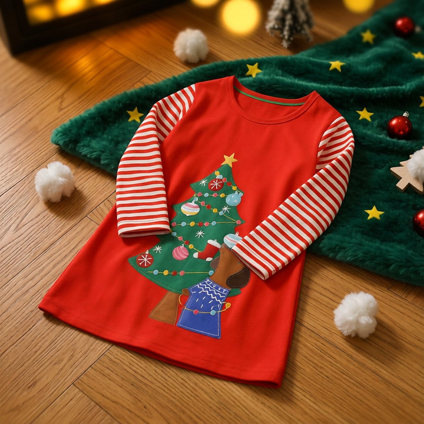 欧美风春秋女童连衣裙可爱圣诞树拼接条纹裙纯棉中小童圆领T恤裙