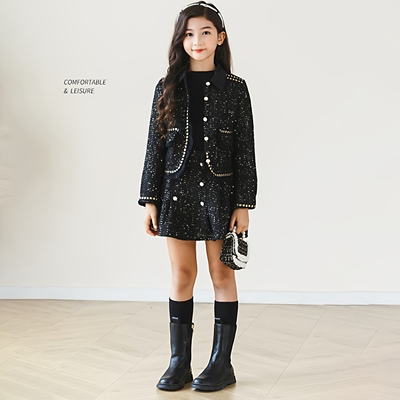 春秋冬季童时尚亮片小外套半身裙两件套中大童小香公主风夹棉套装