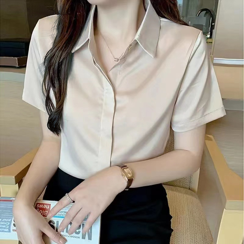 2025新款夏季时尚休闲衬衣宽松设计感纯色职业白色衬衫女短袖