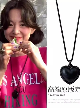 韩国fever同款皮质黑色爱心麻绳项链可调节桃心时髦辣妹锁骨链女