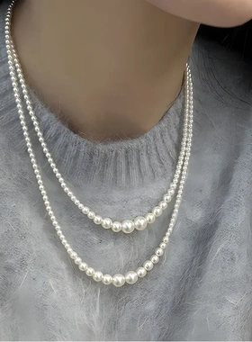 小米珠珍珠项链女长款双层叠戴锁骨颈链轻奢小众高级感毛衣链新款